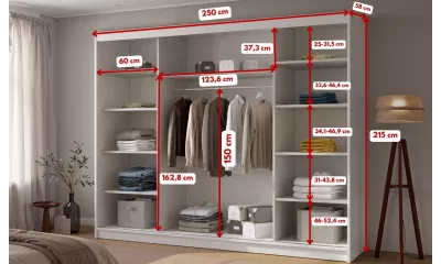 Szafa 3-drzwiowa z lustrem Aston III 250 cm, wymiary 250 x 215 x 58 cm
