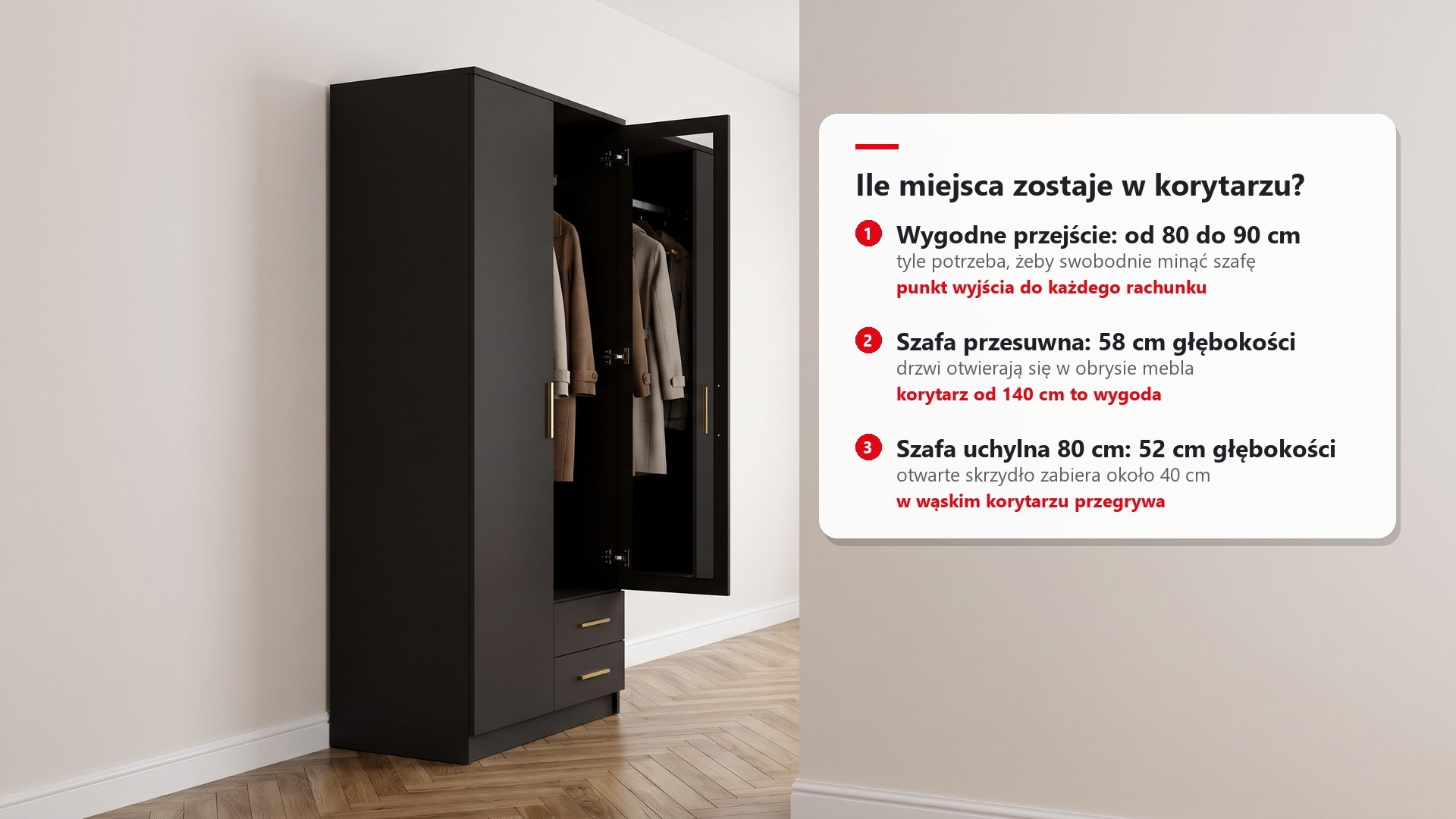 Wąska szafa uchylna z lustrem 80 cm z otwartymi drzwiami w korytarzu i wymiary przejścia przy szafie przesuwnej i uchylnej