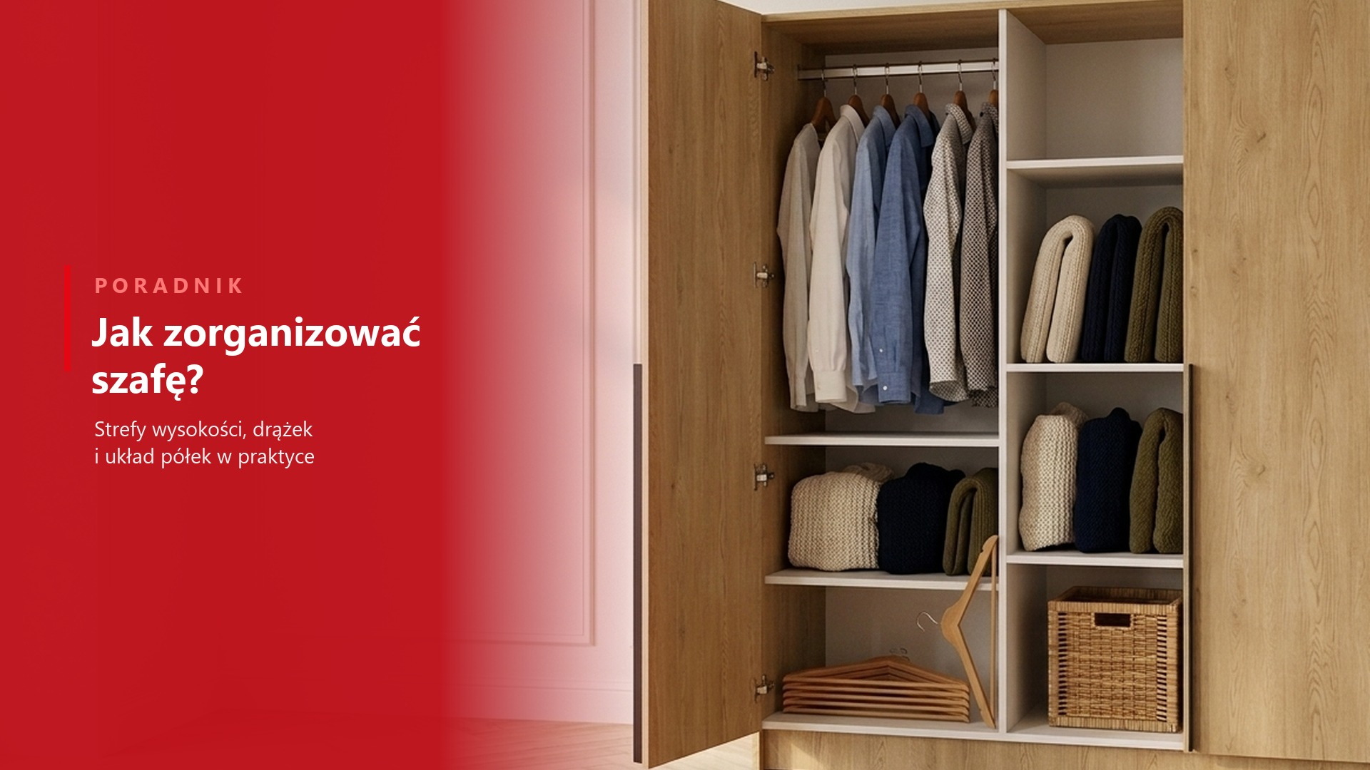 Jak zorganizować szafę, wnętrze białej szafy przesuwnej z drążkiem i półkami